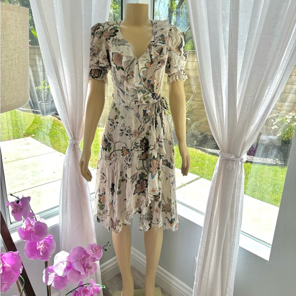 Icons Wrap Dress Size S Small Floral Print Ruffle-Trim Elastic Waist